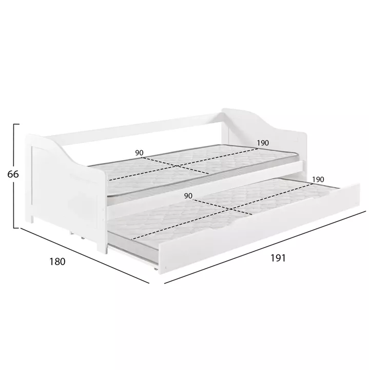 SOFABED WITH EXTRA BED TRADDY HM21313 PINE WOOD IN WHITE--WITH 2 MATTRESSES 90x190cm