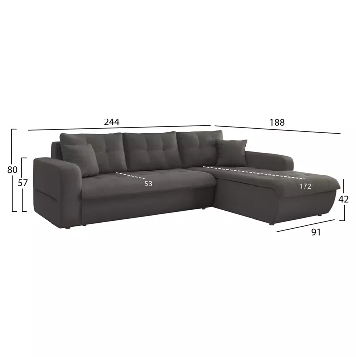 CORNER SOFABED RIGHT KANSO HM3338.01R GREY FABRIC 244x188x80Hcm.