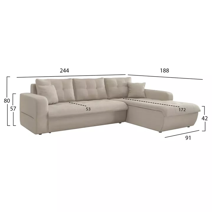 CORNER SOFABED RIGHT KANSO HM3338.03R BEIGE FABRIC 244x188x80Hcm.