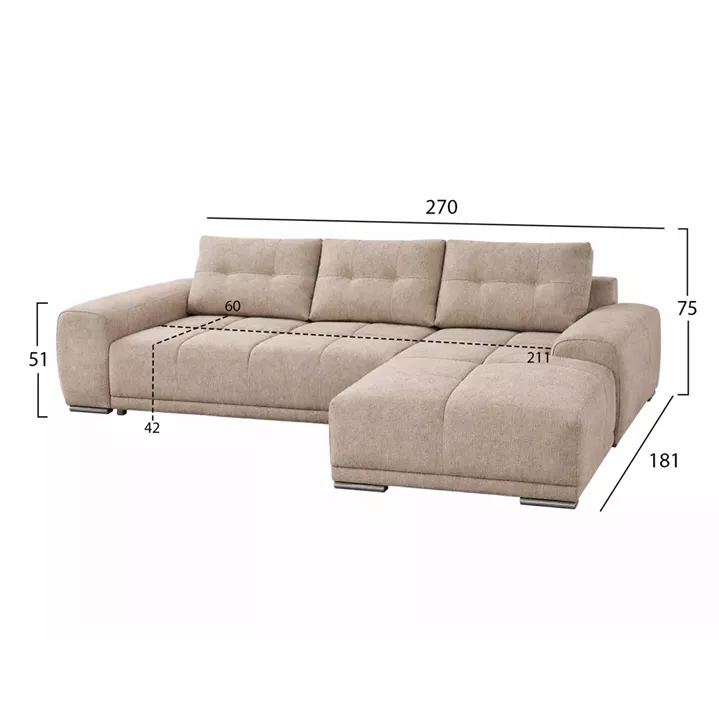 RIGHT CORNER SOFABED COMFYRA HM3336.03R BEIGE FABRIC 270x181x75Hcm.