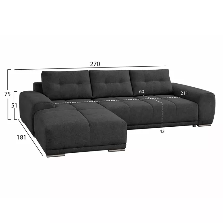 LEFT CORNER SOFABED COMFYRA HM3336.01L GREY FABRIC 270x181x75Hcm.
