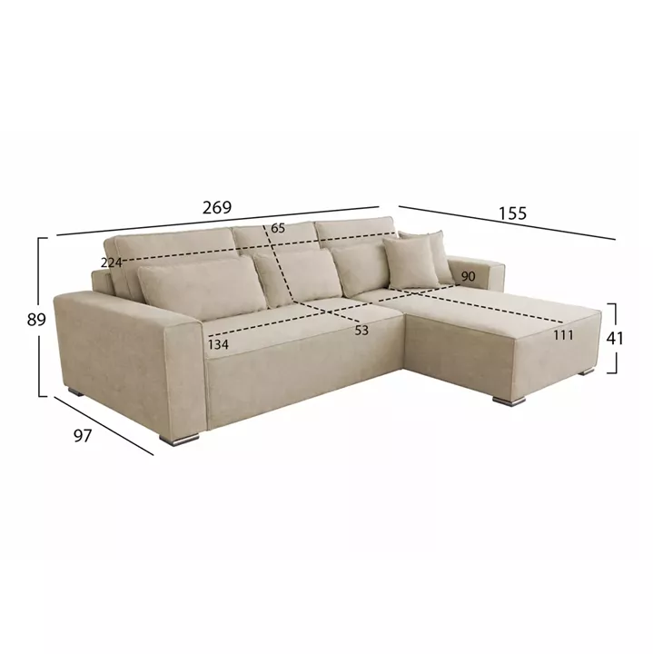 ΚΑΝΑΠΕΣ ΚΡΕΒΑΤΙ ΑΝΑΣΤΡΕΨΙΜH ΓΩΝΙΑ CORNERA HM3335.03 ΜΠΕΖ ΥΦΑΣΜΑ 269x155x89Yεκ