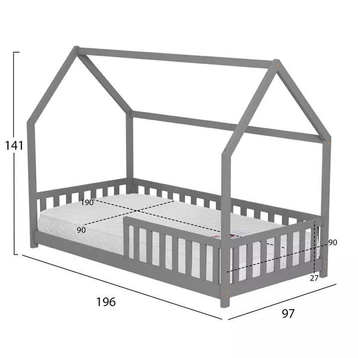BED WITH MATTRESS PHYLLIS HM21304.02 PINE WOOD IN GREY COLOR--MATTRESS 90x190cm