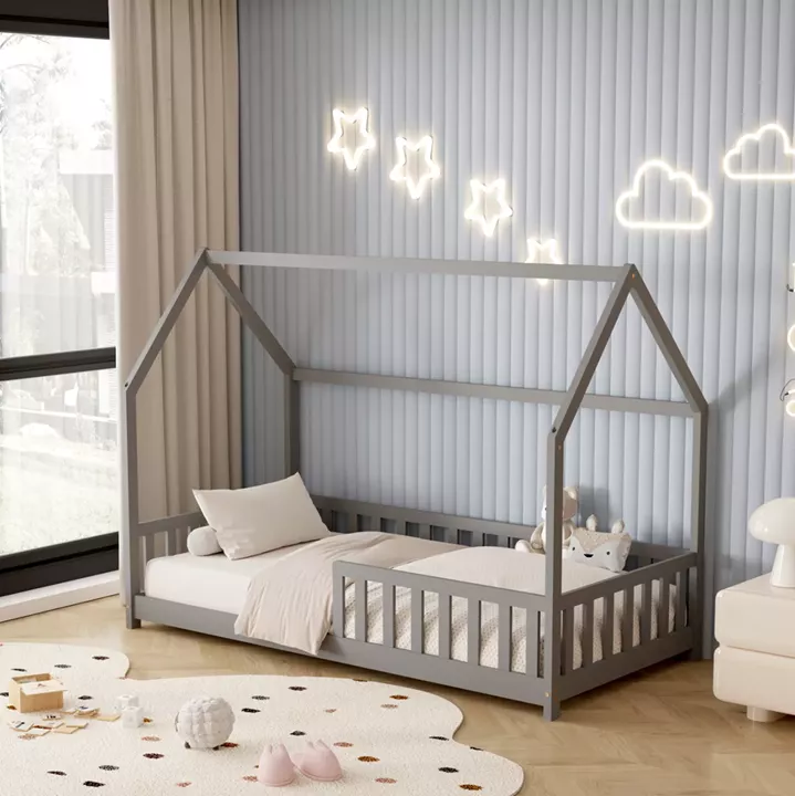 BED WITH MATTRESS PHYLLIS HM21304.02 PINE WOOD IN GREY COLOR--MATTRESS 90x190cm