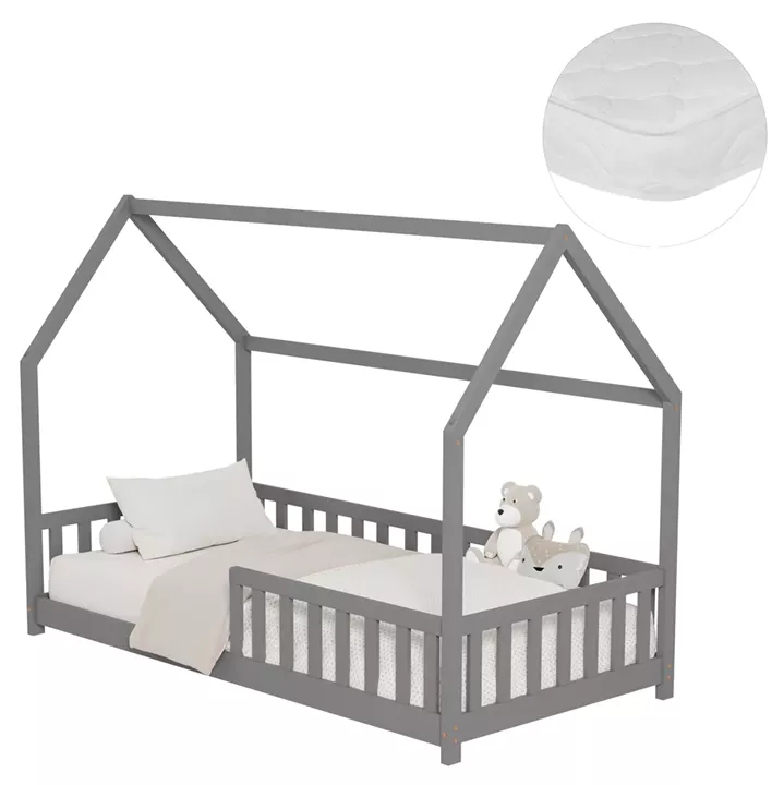 BED WITH MATTRESS PHYLLIS HM21304.02 PINE WOOD IN GREY COLOR--MATTRESS 90x190cm