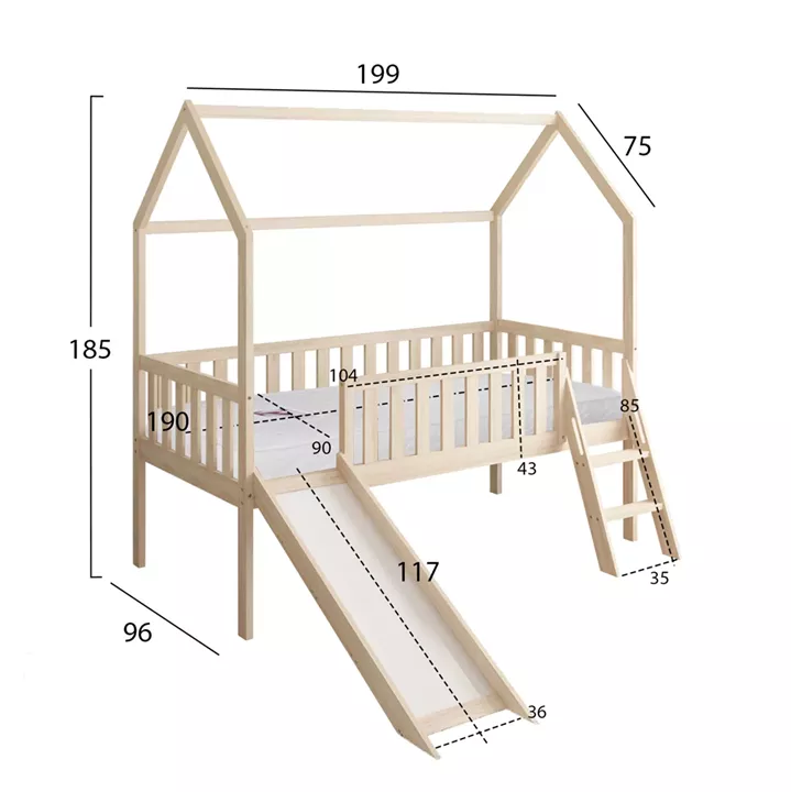 BED WITH SLIDE PHYLLIS HM21310 PINE WOOD IN NATURAL--WITH MATTRESS 90x190cm
