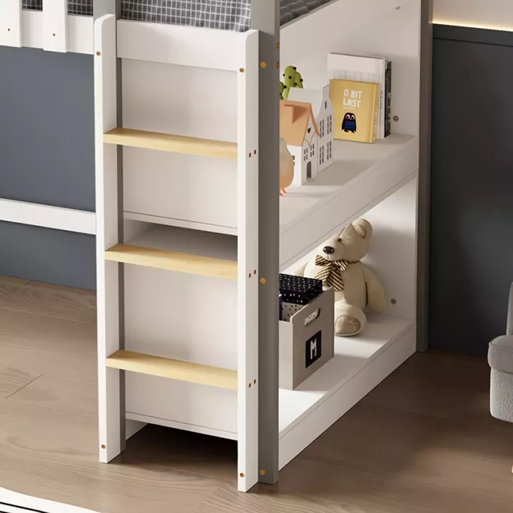 BUNK BED WITH SIDE SHELVES HOMI HM21321 PINE WOOD IN WHITE--FOR MATTRESS 90x190cm.