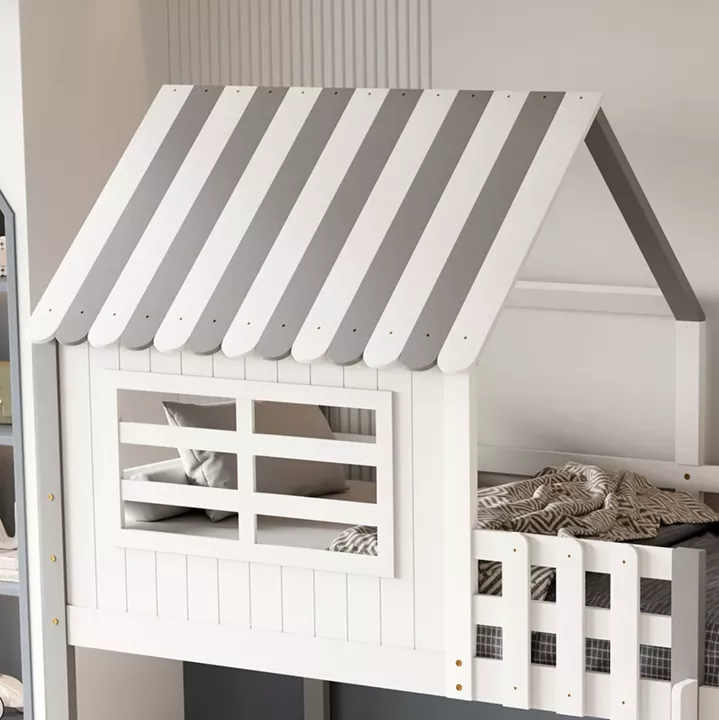 BUNK BED WITH SIDE SHELVES HOMI HM21321 PINE WOOD IN WHITE--FOR MATTRESS 90x190cm.