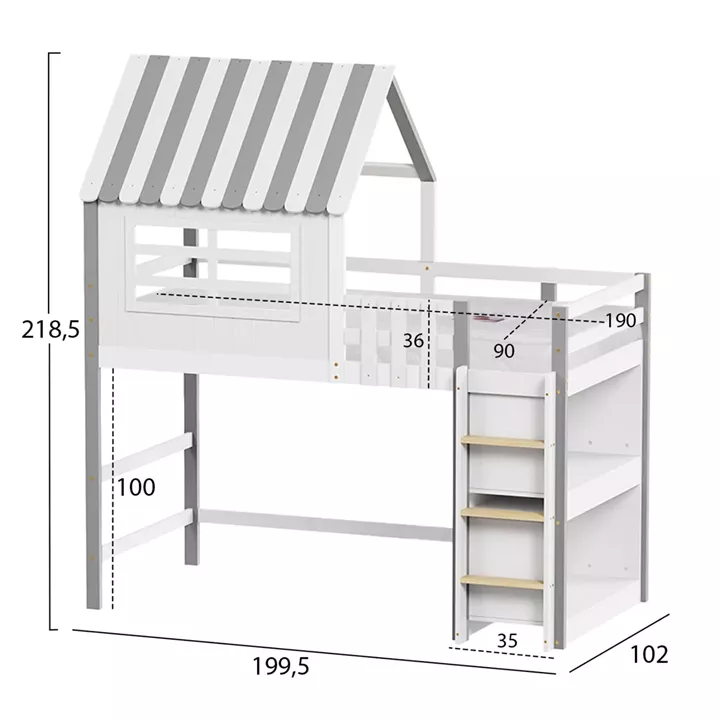 BUNK BED WITH SIDE SHELVES HOMI HM21321 PINE WOOD IN WHITE--FOR MATTRESS 90x190cm.