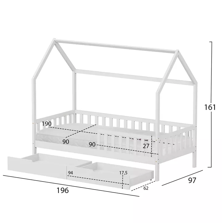 BED WITH DRAWERS PHYLLIS HM21324.01 PINE WOOD IN WHITE--WITH MATTRESS 90x190cm