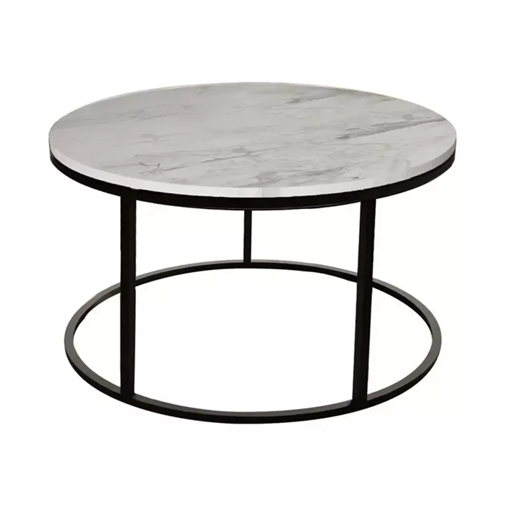 Τραπέζι σαλονιού Sikele pakoworld λευκή όψη μαρμάρου και μαύρα μεταλλικά πόδια Φ60x40εκ