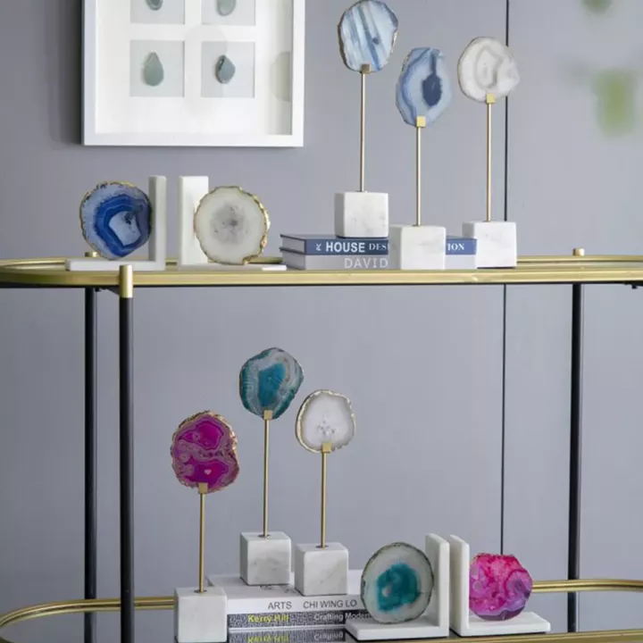 Artekko Agate Επιτραπέζια Διακοσμητικά με Μπλε Αχάτη σε Μαρμάρινη Βάση (10x6.5x36)cm 2pcs