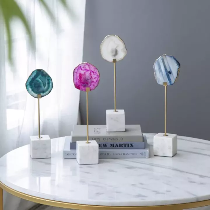 Artekko Agate Επιτραπέζια Διακοσμητικά με Μπλε Αχάτη σε Μαρμάρινη Βάση (10x6.5x36)cm 2pcs