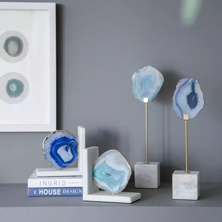 Artekko Agate Επιτραπέζια Διακοσμητικά με Μπλε Αχάτη σε Μαρμάρινη Βάση (10x6.5x36)cm 2pcs