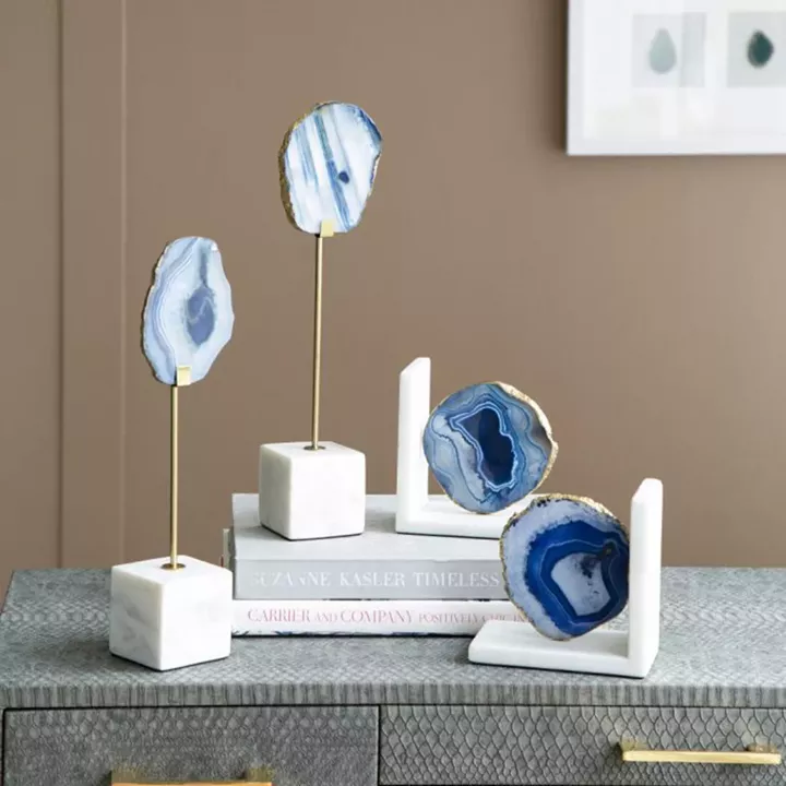 Artekko Agate Επιτραπέζια Διακοσμητικά με Μπλε Αχάτη σε Μαρμάρινη Βάση (10x6.5x36)cm 2pcs