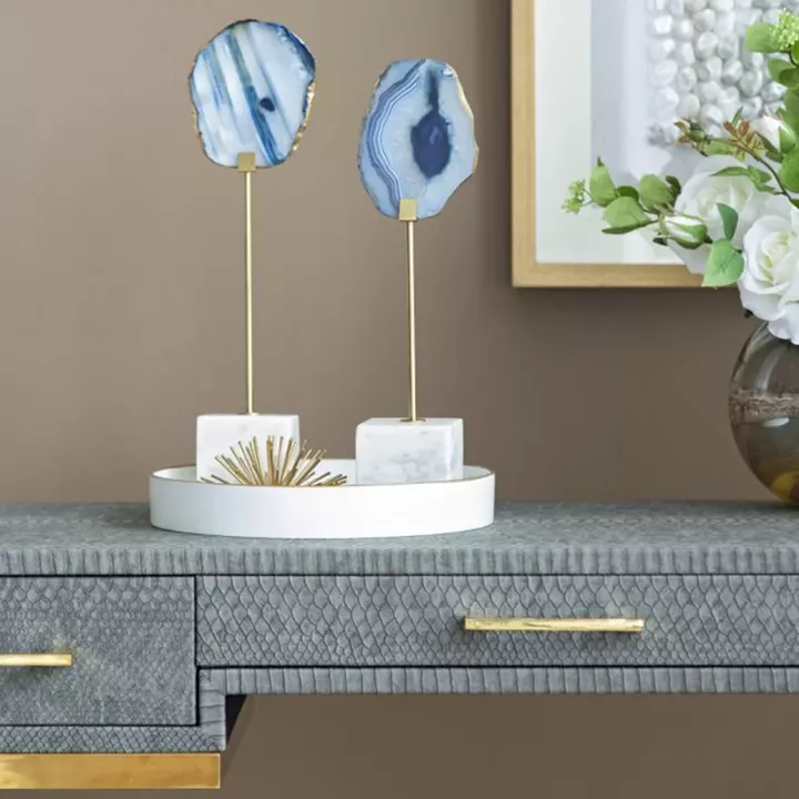 Artekko Agate Επιτραπέζια Διακοσμητικά με Μπλε Αχάτη σε Μαρμάρινη Βάση (10x6.5x36)cm 2pcs