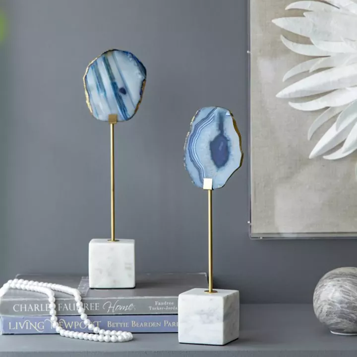 Artekko Agate Επιτραπέζια Διακοσμητικά με Μπλε Αχάτη σε Μαρμάρινη Βάση (10x6.5x36)cm 2pcs