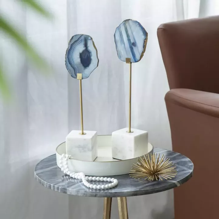 Artekko Agate Επιτραπέζια Διακοσμητικά με Μπλε Αχάτη σε Μαρμάρινη Βάση (10x6.5x36)cm 2pcs