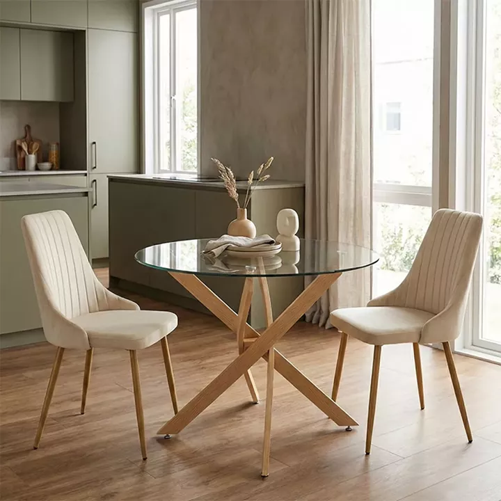 Τραπεζαρία με Καρέκλες Azori Μπεζ και Τραπέζι Antoro Γυαλί Φ80x75εκ Σετ 3τεμ