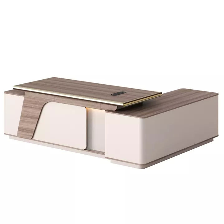 LEFT CORNER OFFICE DESK SUPERON HM2136L MELAMINE IN NATURAL-BEIGE--LED LIGHTING 240x180x76Hcm