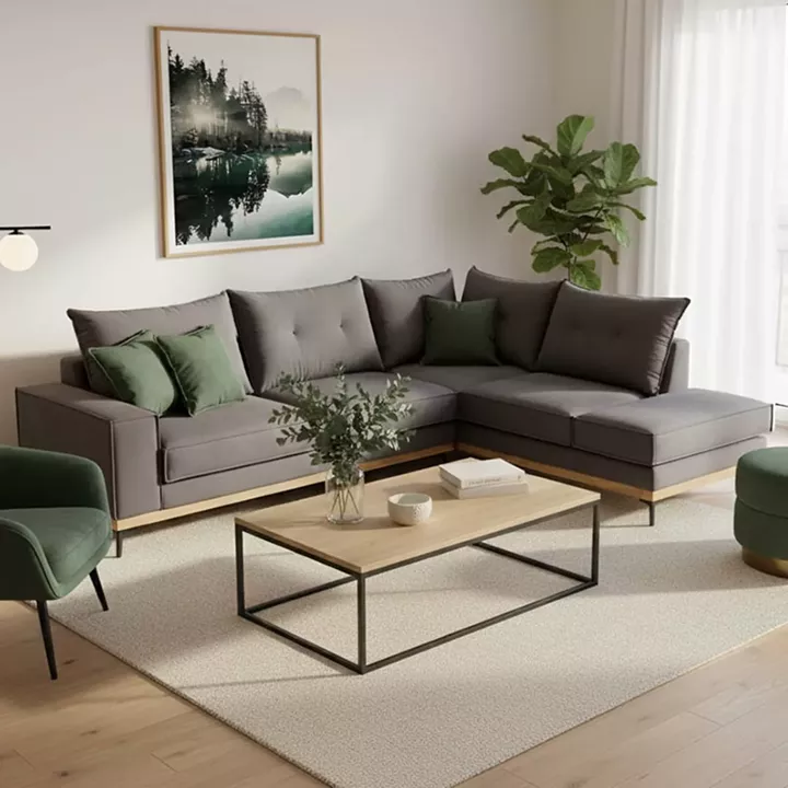 Γωνιακός καναπές αριστερή γωνία Luxury II pakoworld ύφασμα ανθρακί-κυπαρισσί 290x235x95εκ