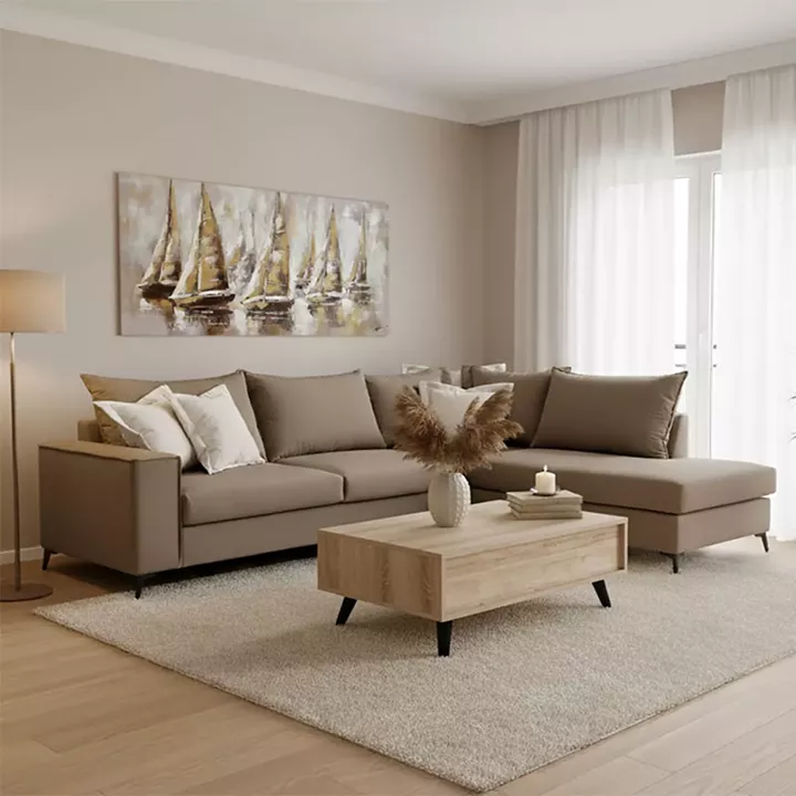 Γωνιακός καναπές αριστερή γωνία Romantic pakoworld ύφασμα mocha-cream 290x235x95εκ