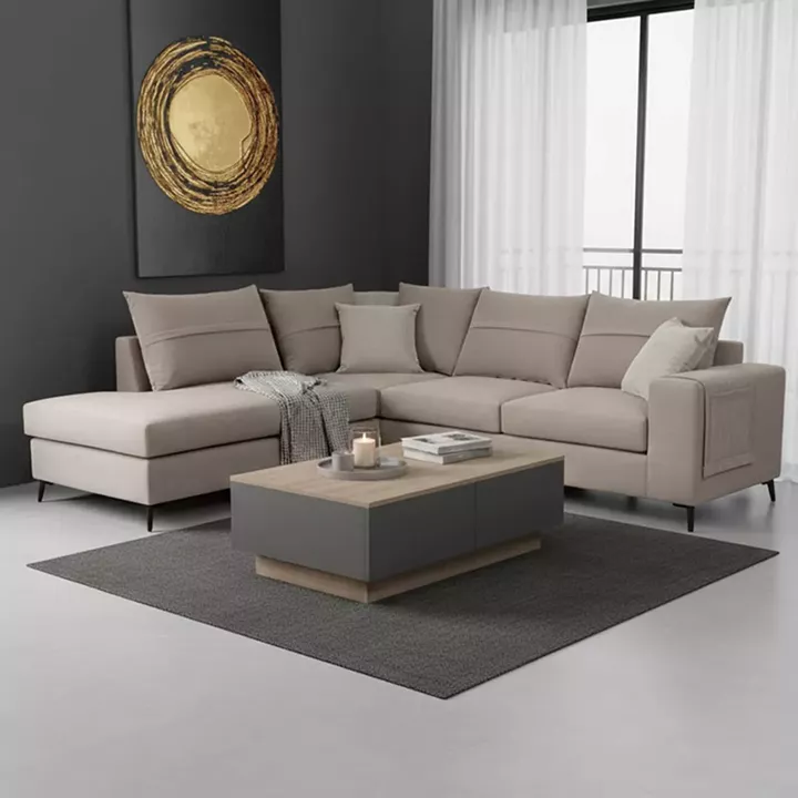 Right corner sofa Montana pakoworld grey-beige fabric-light grey cushions 275x215x93cm