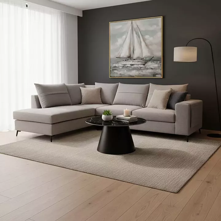 Right corner sofa Montana pakoworld grey fabric-light grey cushions 275x215x93cm