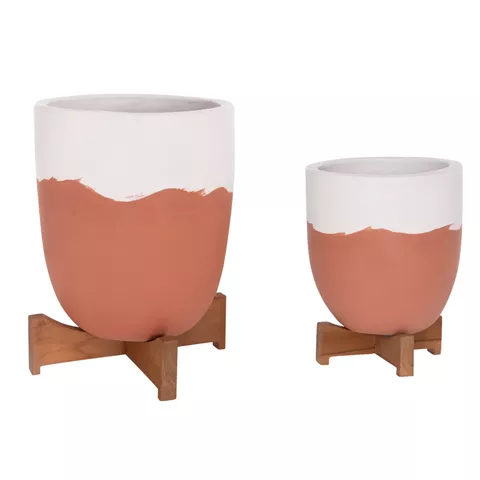 PLANTERS (POTS) 2PCS SET SEON HM4686.08 TERRACOTTA IN WHITE & TERRACOTTA--TEAK STANDS