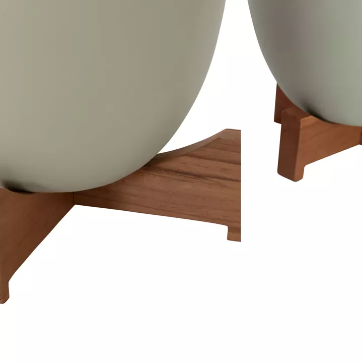 PLANTERS (POTS) 2PCS SET SEON HM4686.09 TERRACOTTA IN WHITE & GREEN--TEAK STANDS