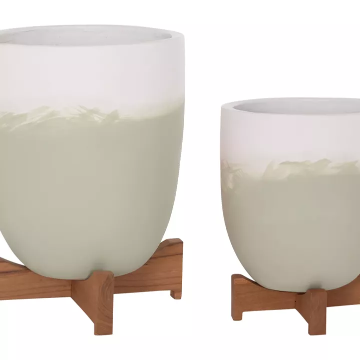 PLANTERS (POTS) 2PCS SET SEON HM4686.09 TERRACOTTA IN WHITE & GREEN--TEAK STANDS