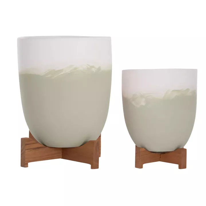 PLANTERS (POTS) 2PCS SET SEON HM4686.09 TERRACOTTA IN WHITE & GREEN--TEAK STANDS