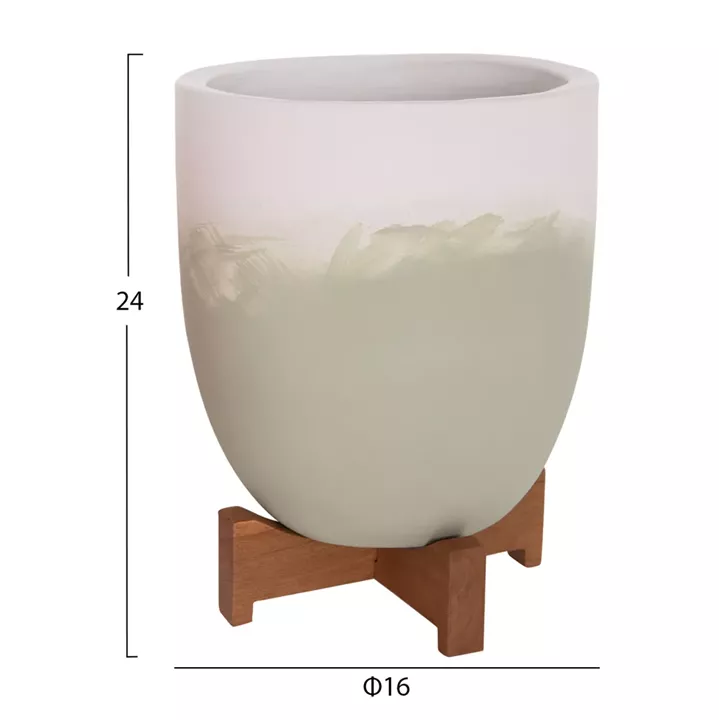 PLANTERS (POTS) 2PCS SET SEON HM4686.09 TERRACOTTA IN WHITE & GREEN--TEAK STANDS