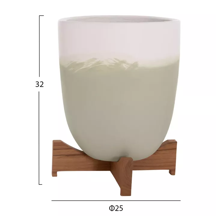 PLANTERS (POTS) 2PCS SET SEON HM4686.09 TERRACOTTA IN WHITE & GREEN--TEAK STANDS