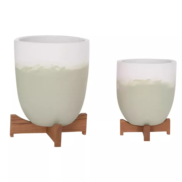PLANTERS (POTS) 2PCS SET SEON HM4686.09 TERRACOTTA IN WHITE & GREEN--TEAK STANDS