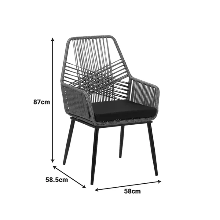 Πολυθρόνα Tanish pakoworld pe rattan σε γκρι απόχρωση με μαύρα μεταλλικά πόδια 58x58.5x87εκ