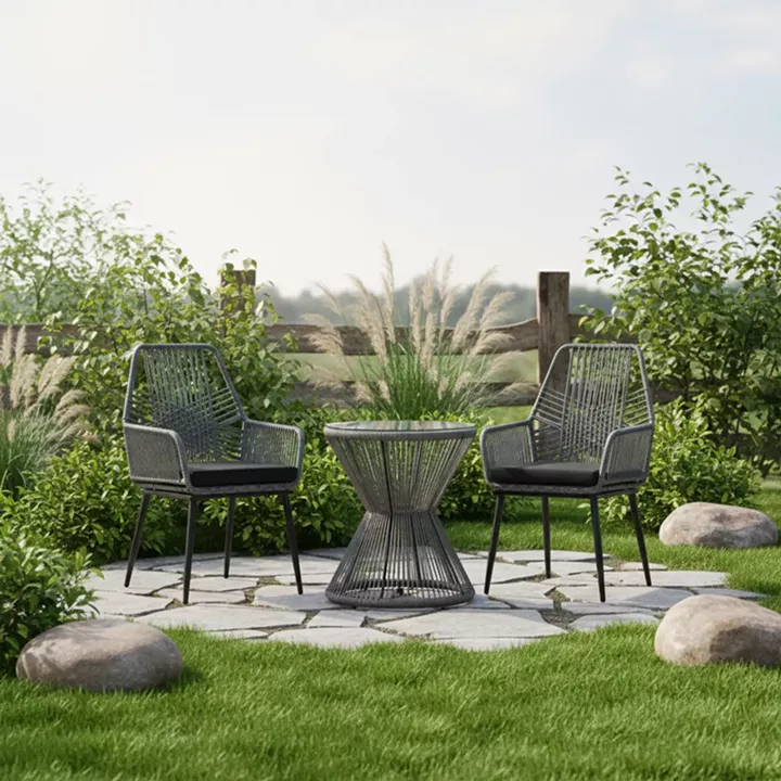 Τραπέζι Mabil pakoworld γυαλί - pe rattan σε γκρι απόχρωση Φ50x55εκ