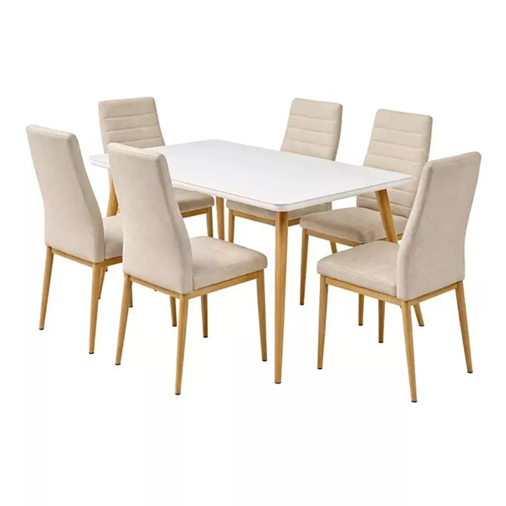 JETTA-UNION Set Τραπεζαρία: Τραπέζι + 6 Καρέκλες, Μέταλλο Βαφή Φυσικό, Ύφασμα Μπεζ