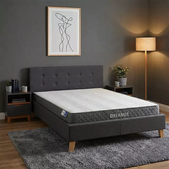 Bed with mattress Mago-Dreamer pakoworld anthracite fabric - wooden leg in natural shade 160x200cm