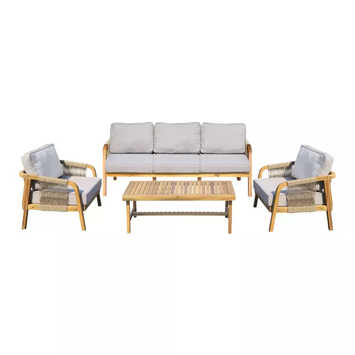 Σαλόνι εξωτερικού χώρου Malibu III pakoworld ξύλο ακακίας με σχοινί σε φυσική απόχρωση και μπεζ μαξιλάρια