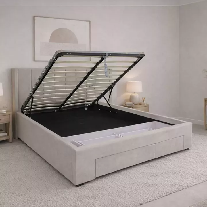 NEBRASKA Κρεβάτι Διπλό με Αποθηκευτικό Χώρο+2 Συρτάρια, για Στρώμα 160x200cm, Ύφ.Μπεζ