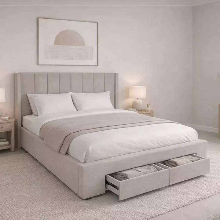 NEBRASKA Κρεβάτι Διπλό με Αποθηκευτικό Χώρο+2 Συρτάρια, για Στρώμα 160x200cm, Ύφ.Μπεζ