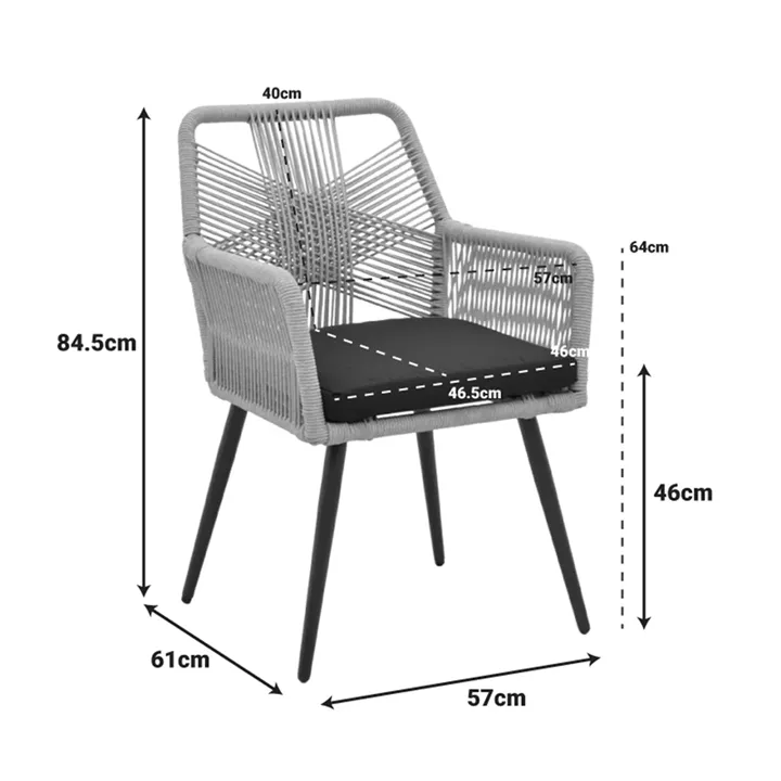 Andros armchair pakoworld aluminum in black- pe rope in natural shade 56x60x86cm