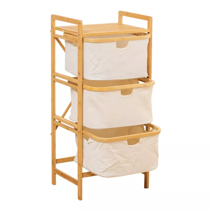 Ραφιέρα δαπέδου Hanev pakoworld μπαμπού-ύφασμα σε φυσική-μπεζ απόχρωση 44x33x96εκ