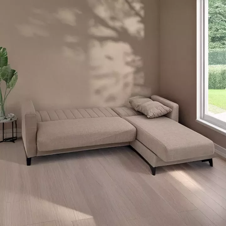 Artekko Pixie Μπεζ Τριθέσιος Καναπές Κρεβάτι με Αναστρέψιμη Γωνία και Αποθηκευτικό Χώρο (200x135x85)cm Κρεβάτι (180x100x45)cm