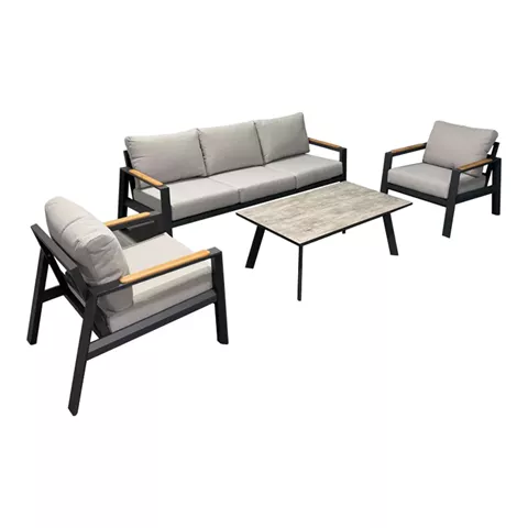 Aeria pakoworld garden furniture set 4pcs aluminum in dark grey shade - teak - grey fabric
