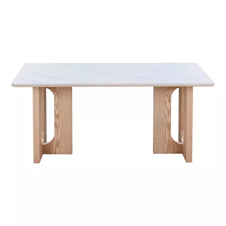 Τραπέζι Benqui pakoworld sintered stone-mdf σε λευκό μαρμάρου με βάση σε φυσική απόχρωση 160x90x75εκ