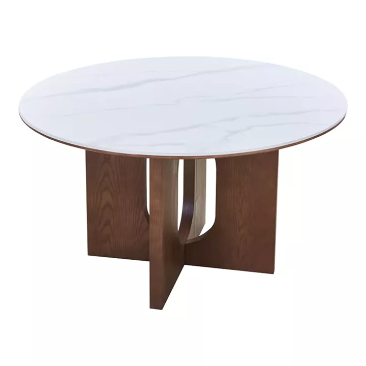 Τραπέζι Merge pakoworld sintered stone-mdf σε λευκό μαρμάρου με καρυδί βάση Φ130x75εκ