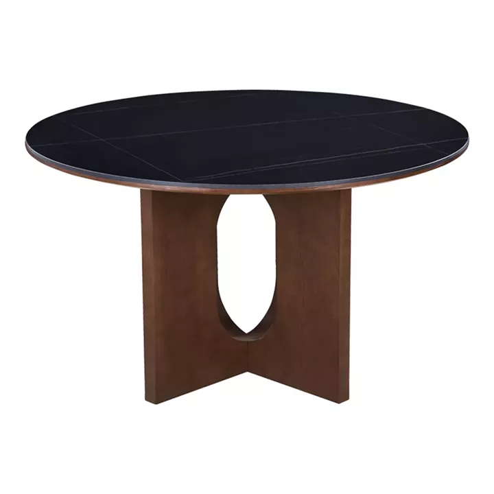 Τραπέζι Merge pakoworld sintered stone-mdf σε μαύρο μαρμάρου με καρυδί βάση Φ130x75εκ