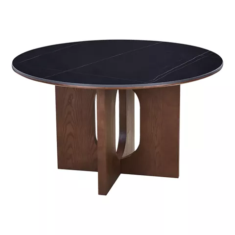Τραπέζι Merge pakoworld sintered stone-mdf σε μαύρο μαρμάρου με καρυδί βάση Φ130x75εκ